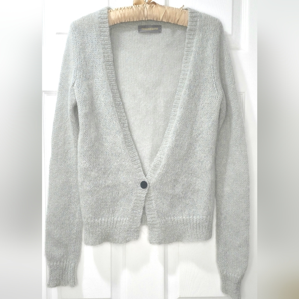 Innamorato Mohair Merino Blend Grey V-Neck Single-Button "Quiet Luxury" Cardigan - Picture 2 of 7